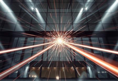 High speed grey and silver laser beam  with Chrome shockwave circles radiating perpendicular to the beam   The beam is hitting a glass building and blowing a huge while through it