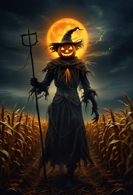 Dark Fantasy Art, Dark Moody Atmosphere, A menacing pumpkin-headed scarecrow looms in a moonlit cornfield, wielding a rusted pitchfork. Eerie orange light flickers within its carved grimace. Tattered robes billow in the autumn wind. Mystical runes glow on its straw-stuffed body, evoking ancient harvest rituals., dramatic, mysterious, dark moody atmosphere, dark, moody, dark fantasy style