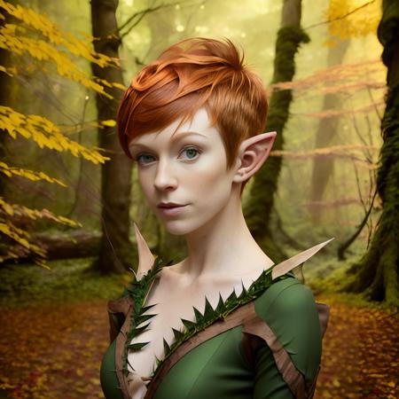 rogowoarboretum close portrait of a beautiful wood elf with (short tomboy pixie ginger haircut:1.2) and (pointy elven ears:1.2) in a tight green catsuit posing under the trees with red and yellow leaves, intricate detail, foggy weather, (Tyndall effect:1.2), natural lighting, very sharp, nice bokeh professional nature photography <lora:hjrogowoarboretum_v10:0.8>