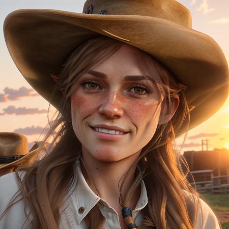 Sadie Adler, 4k, f/1.8, volumetric lighting,  (long, straight hair:1.5), ((brown eyes)), smiling at the camera, wearing a ((cowboy hat)), wearing a white shirt, ((at sunset))<lora:Sadie Adler:1>