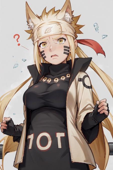 <lora:Naruto_SixPaths:0.95>, Naruto, 1girl, black bodysuit, tomoe \(symbol\), yellow eyes, symbol-shape pupils, gold hair, headband, golden jacket, facial mark, high collar, fingerless gloves, simple background, very long hair, large breasts, blushing, wavy mouth, looking down, surprised, wide-eyed