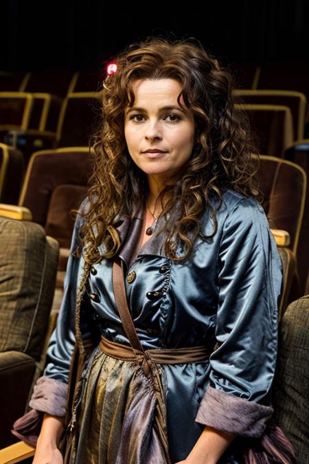 <lora:Helena_Bonham_Carter:1> 1woman, solo, mature hb1873c, , brown_hair, wavy hair, messy hair, funny costume ,  movie theater , night