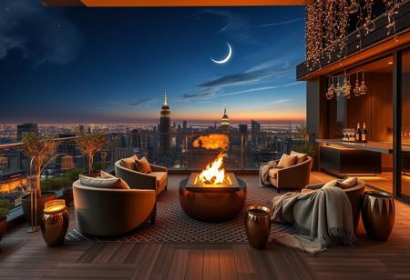 Elegant glass-walled penthouse terrace, panoramic cityscape views, twinkling skyscrapers, soft ambient lighting, plush velvet lounge chairs, copper fire pit glowing, potted olive trees, hanging fairy lights, mirrored cocktail bar, crystal glasses catching light, midnight blue sky, crescent moon, wispy clouds, distant fireworks, warm wooden decking, geometric patterned rugs, sleek modern design, floor-to-ceiling windows, subtle jazz music ambiance, starry night reflections, gentle breeze, aromatic herb garden, champagne bucket, cozy throw blankets, stylish outdoor kitchen, muted color palette, atmospheric mist, golden hour glow, exquisite detailing, hyper-realistic, 8k resolution, photorealistic rendering, masterpiece quality
