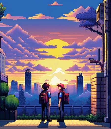 pixel art, outdoors, sunset, building, multiple boys, city, sky, bag, scenery, cloud, shirt, standing, pants, tree, 1girl
<lora:sdxl_pixel:0.65>