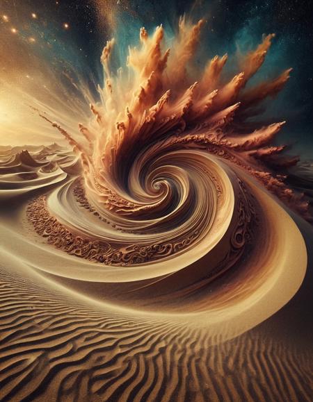abstract swirling sand, cosmic dust, nebula, stardust, sandswirl, ancient ruins emerging from sand, forgotten city  <lora:SandSwirlLoRa:0.8>