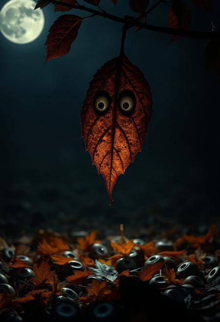 UHD 32k dark comedy movie still, photograph, closeup portrait of surreal dark shadowed anthropomorphic autumn leaf with eyes and mouths crying dangling from a branch looking sick, below on the ground there are many brown leaves on the ground with dead eyes, night solely lit by eerie light from one full moon, very detailed and photorealistic, shadows, gritty texture.