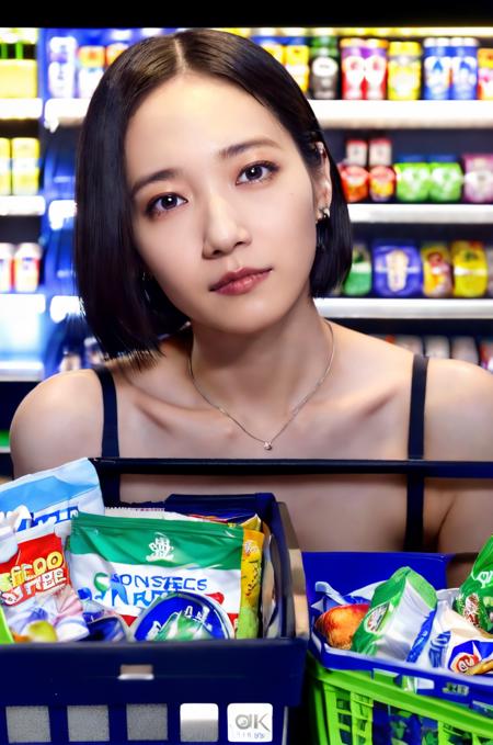 (sidelighting, photorealistic, finely detailed beautiful eyes: 1.2), portrait, realistic, 3d face, lustrous skin, (masterpiece, best quality, beautiful quality, looking at viewer, detailed lighting, shadows, 8k:1.4), (a picture of a woman, solo, detailed background, shopping, convenience store, shopping basket:1.4), <lora:Ayano Omoto:0.8>, Ayano Omoto,