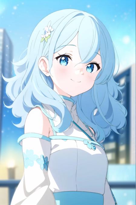 best quality, masterpiece, extremely detailed, anime, 1girl, short girl, (light blue hair, light blue eyes:1.4), long hair, (wavy hair:1.4), smile, tulle clothes, silk clothes, embroidery accessory, chinese knots, happy, smile, closed mouth, blue flower vines, gems, gold accessory, times square, billboards, neon lights, night, starry sky, scenery, (depth of field, bokeh:1.4), outdoors, bare shoulders, looking at viewer, winter, snowing, warm clothes, fur trim, fur collar,