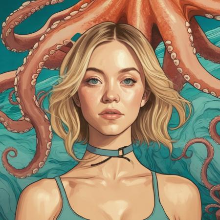 scifi film still, portrait of Sydney Sweeney woman merging with an octopus, by audrey kawasaki <lora:sydney:0.8>