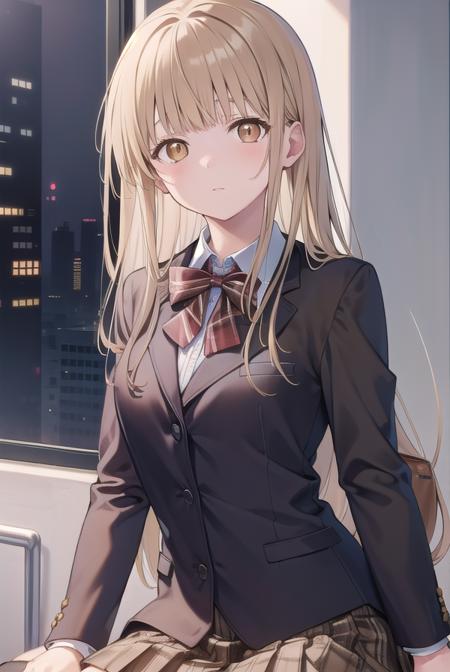 mahirushiina, <lora:mahirushiina-lora-nochekaiser:1>,
mahiru shiina, blonde hair, (brown eyes:1.7), long hair, 
BREAK black footwear, black pantyhose, blazer, bow, bowtie, collar, collared shirt, jacket, pantyhose, plaid, plaid skirt, pleated skirt, red bow, red bowtie, school uniform, shirt, shoes, skirt,
BREAK looking at viewer, full body,
BREAK indoors, classroom,
BREAK <lyco:GoodHands-beta2:1>, (masterpiece:1.2), best quality, high resolution, unity 8k wallpaper, (illustration:0.8), (beautiful detailed eyes:1.6), extremely detailed face, perfect lighting, extremely detailed CG, (perfect hands, perfect anatomy),