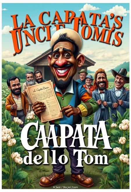 “Create a caricature-style book cover inspired by Uncle Tom’s Cabin, reimagined as La CAPATA dello Zio Tom. The design should combine humor and social commentary with bold, vibrant colors, evoking a 19th-century vintage book cover aesthetic.
Uncle Tom is depicted as a larger-than-life, jovial character with a large, exaggerated bump on his head, having just knocked it against a wall. His attire is patched yet colorful, and he’s holding an oversized, ornate contract or receipt labeled ‘La Capata,’ symbolizing the deposit. The bump on his head adds a humorous, slapstick element to the scene.
Around him, incorporate exaggerated caricatures of key characters from the novel, each embodying whimsical yet pointed social commentary. The plantation backdrop should include surreal, playful elements, such as oversized cotton plants and an idyllic yet exaggerated landscape.
The title, La CAPATA dello Zio Tom, should dominate the cover with intricate, ornate typography, blending classic 19th-century styles with a lively, modern twist. Add small, humorous details, like hidden icons or ironic elements, to complete the satirical tone while respecting the serious themes of the original work.”