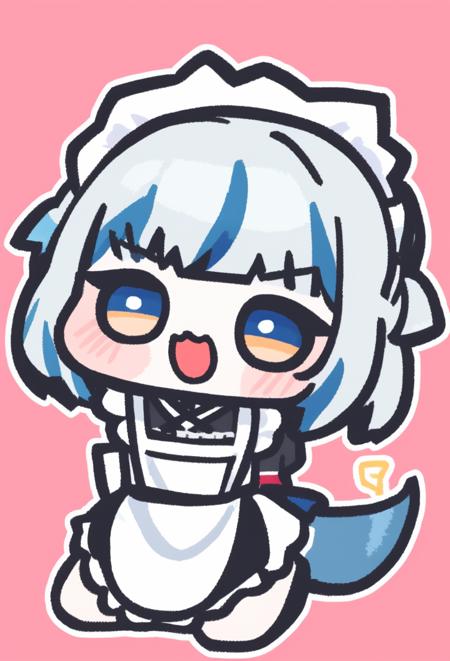 ,<lora:CoconutCorn-10:1>,chibi,<lora:gawr1:1>gawr gurafull ,body, ;d, maid apron, wariza,shark girl, shark tail, white background, simple background, two-tone background, pink background, sitting,blue eyes, white pupils,symbol-shaped pupils,