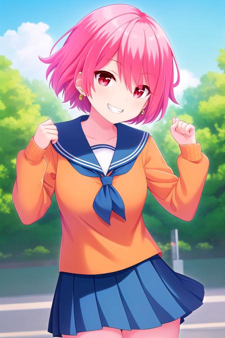 (masterpiece, best quality), highly detailed background, perfect lightingbest quality, kumadakazuha, solo, outdoors, pink hair, eyes visible through hair, earrings, short hair, red eyes, orange serafuku, orange shirt, blue sailor collar, long sleeves, blue skirt, pleated skirt, school uniform, smile, grin, pink lips, <lora:Kumada-Kazuha:0.7>