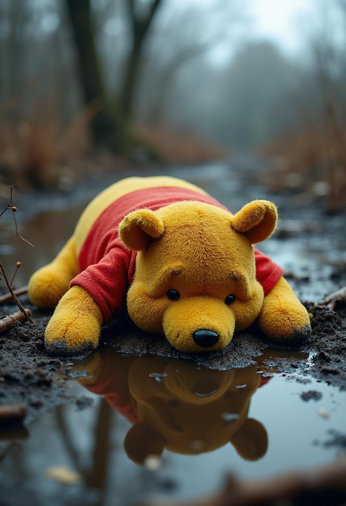 Fumo plush doll,In a muddy, rain-drenched field, Winnie-the-Pooh’s plush doll lies face-down, half-buried in the thick, dark sludge. The once-bright red shirt and golden fur of the plush are now matted and stained with mud. Pooh's familiar, cheerful face is smeared and obscured by grime, giving him a somber, forlorn appearance.

Surrounding the plush is a scene of desolation: broken branches, scattered leaves, and puddles reflecting the overcast sky. The persistent rain adds a sense of melancholy, with drops splashing into the surrounding puddles and creating ripples.

Pooh's position in the dirt, a stark contrast to his usual warmth and friendliness, underscores a poignant sense of abandonment and nostalgia. The scene captures a quiet, emotional stillness, highlighting the contrast between the beloved character’s usual charm and the harsh reality of his current state.