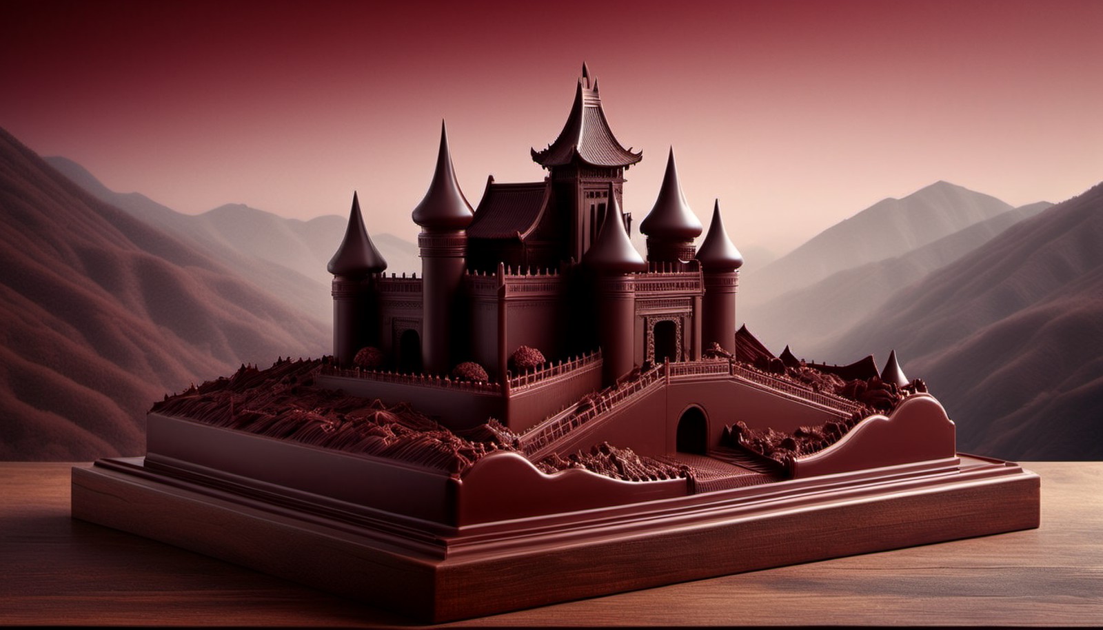 ChocolateRay, landscape of a Dreamy Juyongguan Pass, it is dressed in Neogothic Art fashion style made entirely of chocola...