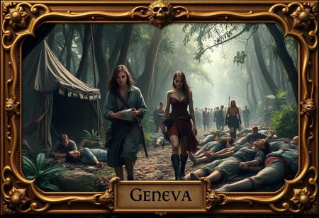 A wide image showing a fantasy battlefield triage in a dense jungle with high trees and thick undergrowth.
The scene is chaotic yet controlled, filled with wounded adventures and two main characters walking in front.
.Geneva Scala: fenale human, Olive-colored skin, shirt brown hair, in bloodied, loose clothing, looks tired but focused, holding white armbands for triage.Okasha: Pale white skin, female rouge attire, left side injured and sagging, but determined, walking with Geneva.
Geneva and Okasha walk down a line of wounded mercenaries, performing triage. A large, makeshift medical tent is on the left, while on the right, wounded mercenaries laying in the ground wait for treatment, showing various injuries. The lighting is soft, with dappled shadows from the jungle canopy. Geneva is highlighted with a beam of light. The viewpoint is slightly elevated, capturing the urgency and care in the scene.
The image is set within an ornate golden frame, intricately detailed with bone designs and magical motifs. At the bottom of the frame, there is a name plaque that reads "The last Light - First Triage" in glowing script.