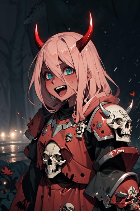 <lora:ZeroTwoOni2_0:0.9> Zero Two, 1girl, masterpiece, best quality, long hair, (red skin), red horns, pink hair, green eyes, colored sclera, khorne, armor, skull <lora:khorne:1>, outdoors, mud, leaves, tress, night, fog, blood, :D, fangs, rain, raining, wet