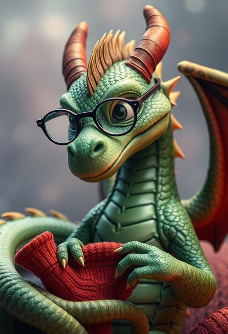 surreal VFX, green dragon with dark green wing, wearing glasses, acting like human, knitting warm red socks, vivid colors