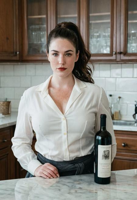 Film photograph taken in a nice suburban kitchen. Liv sits at the counter with a carafe of red line  and a stemless wine glass.
LIV wears a white blouse, partially unbuttoned. Kitchen is all white tile and stained wood. 
LIV is an  older attractive 45 year old woman. long brown hair parted sharply in the center, up in a messy ponytail, flowing down past shoulders. Italian heritage, resembling TYLER, LIV. smooth pale skin with makeup. thin trimmed Penciled eyebrows. thin lips, slight underbite and big chin and chubby cheeks, high cheekbones, rectangular shaped face, thicker neck, wide jaw. Dark cateye eyeliner and a few light freckles. 5 foot 3 inches tall and 200 pounds, thicker neck, full breasts with cleavage, high cheekbones, wide round nose. dark brownish Green eyes, bright smile showing gums. Thigh gap. Soft tummy
