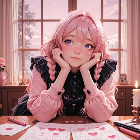 CivChan, purple eyes, pink hair, breathtaking detailed, masterpiece, awe-inspiring, radiant, magnificent, Civcan, wearing a cozy pastel cardigan over a frilly dress, sitting at a tiny desk covered in glitter pens and heart-shaped paper, writing love letters with blushing cheeks, long hair tied in twin braids with bows, surrounded by floating hearts and plushies, soft candlelight glowing, window showing a pink twilight sky<lora:IL_CivChan.safetensors:0.8:0.8>