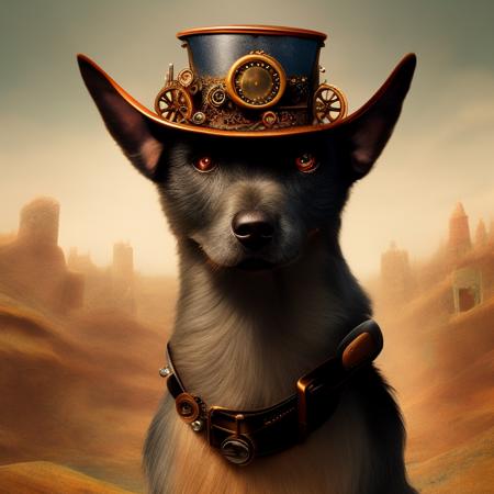 Oldjourney a dog with a tiny top hat and steampunk goggles on its head and a steampunk collar, matte painting, insanely detailed, ultrafine details, hyperrealism