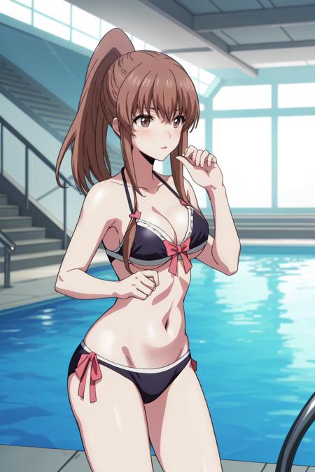 Kazane <lora:Kazane:0.8>, brown hair, long hair, (brown eyes:1.2), ponytail collarbone, swimsuit, one-piece swimsuit, barefoot front-tie bikini top, bikini, side-tie bikini bottom, barefoot t-shirt, bike shorts