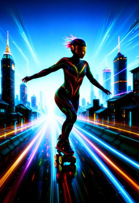 a girl in a futuristic bodysuit roller skating across a neon-lit rooftop at night, wheels sparking colorful led trails, cityscape behind her pulsing with synchronized color bursts, sky streaked with drones emitting ambient led beams, action shot mid-pose, vibrant motion blur, photorealistic urban sci-fi vibe ,
led, colorful LED lights, aidmaImageUpgrader