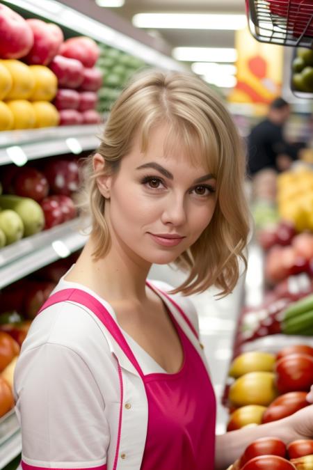 raw photo of an a beautiful woman, perfect face, eyes, 8k uhd, at the grocery store, cute outfit, ((close up))