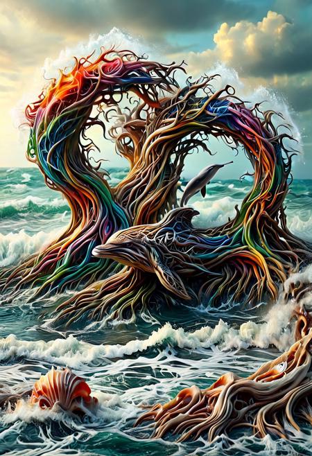 Ever Growing Connections, vibrant colors, vivid colors, dolphins made out of morph-treeroots, playing in the ocean, sea shells, crashing waves, dramatic, , Masterpiece, best quality, amazing quality, volumetric lighting, SFW, exquisite detail, digital art, highly detailed, beautiful, surreal,