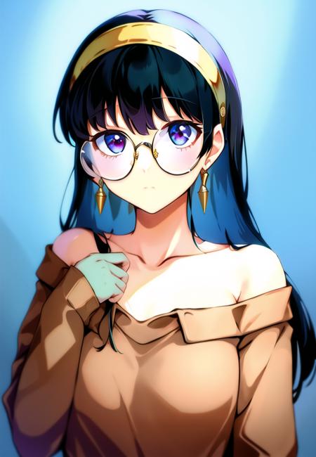 best quality, highres, solo_focus, yor briar, <lora:roundglasses:.6>, round glasses,  <lora:yorBriarSpyFamily_lykonV1:.7>,bangs, black hair, collarbone, earrings, hairband, jewelry, long hair, long sleeves, off-shoulder shirt, off shoulder,