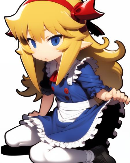 <lora:Matsuda:1>
1girl, solo, long blonde hair, blue eyes, red hairband, blue dress, white frilly apron, striped kneesocks, black shoes