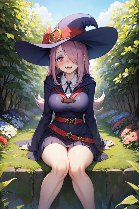 sucy_manbavaran, long hair, hair over one eye, pale skin, hat, witch, witch hat, school uniform, eyeshadow, luna nova school uniform, makeup, dress, sharp teeth, belt, wide sleeves