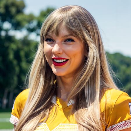 <lora:Taysway_V5-10:0.4> Taysway, woman, 30 years old, red lipstick, long blonde hair, football jersey, happy, natural lighting, photograph