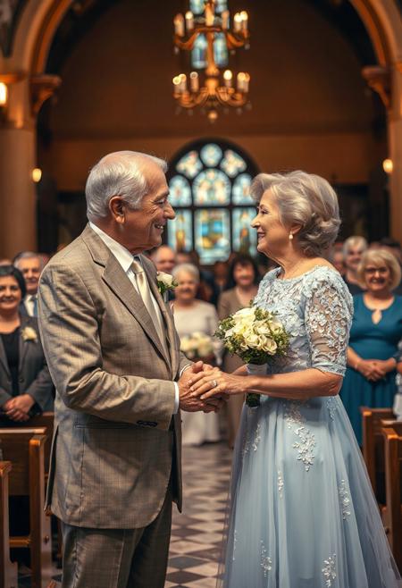 50th golden wedding anniversary remarriage, chapel, 75yo cute man in suit, 70yo beautiful woman in light blue wedding dress, make up, looking at each other, holding hands at the altar, smiling, crowd of younger family members watching happily, close up on husband and wife