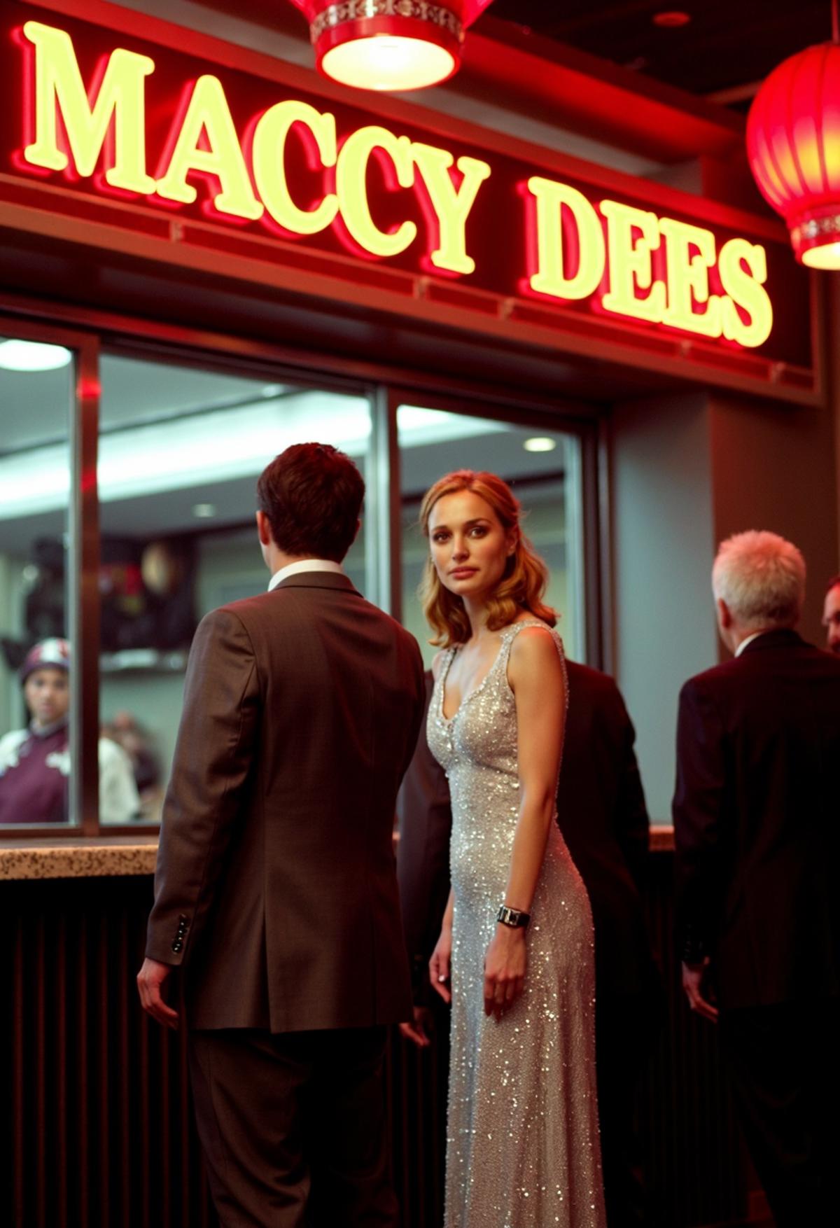 natalie portman in a stunning long silver sequin dress, lining up at a resturant, Big sign above enterance in bold writing "MACCY DEES"