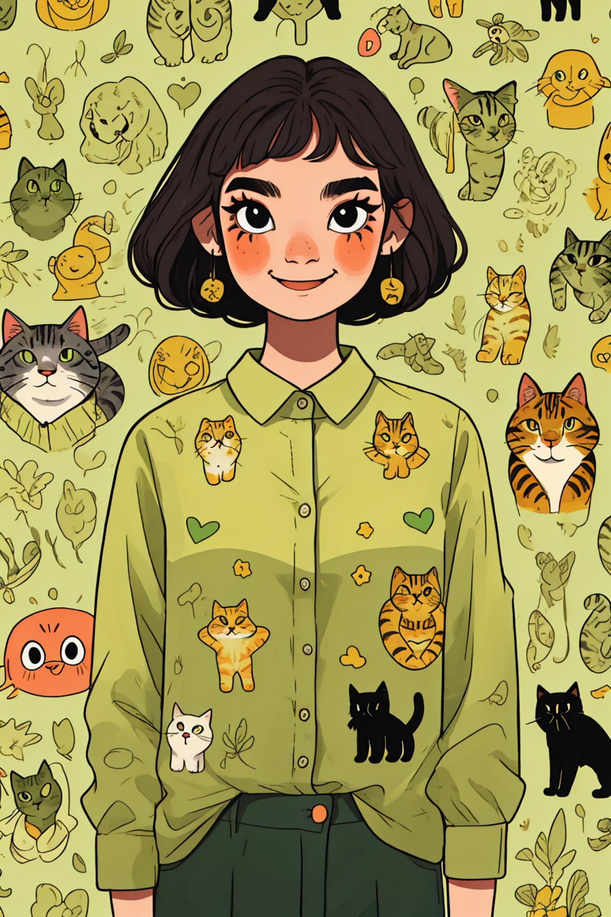 <lora:Mix patterns:1>,1girl,mix pattern,Crayon,green shirt, cat, emoji, smile,, masterpiece, best quality,