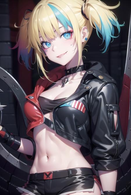 harleyquinn, <lora:harleyquinn-lora-nochekaiser:1>,
harley quinn, bangs, blue eyes, blonde hair, twintails, blue hair, multicolored hair, choker, gradient hair, makeup, piercing, pink hair, lips, lipstick, red lips, smile, grin,
BREAK thighhighs, gloves, navel, cleavage, jewelry, jacket, open clothes, shorts, black gloves, midriff, black thighhighs, fingerless gloves, collar, bracelet, open jacket, black jacket, crop top, torn clothes, short shorts, tattoo, chain, spikes, cropped jacket, spiked bracelet, spiked collar, micro shorts, multicolored jacket,
BREAK looking at viewer, full body,
BREAK outdoors,
BREAK <lyco:GoodHands-beta2:1>, (masterpiece:1.2), best quality, high resolution, unity 8k wallpaper, (illustration:0.8), (beautiful detailed eyes:1.6), extremely detailed face, perfect lighting, extremely detailed CG, (perfect hands, perfect anatomy),