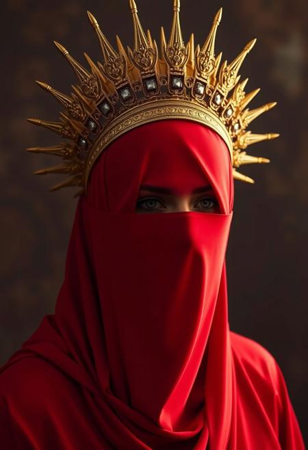 lady in red veils her face and has a large golden spiked crown, in the style of celestial fashion, otherworldly beauty, davide sorrenti, celestial punk, album covers, fra angelico, aykut aydogdu, queen core, golden age aesthetics