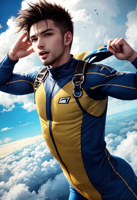 boy skydiving, clouds, wind, muscular,
vibrant colors, colorful art style, 
soft lighting, soft shadows, detailed textures, dynamic lighting, 
nice hands, perfect hands, 
<lyco:GoodHands-beta2:1.0> 
<lora:add_detail:1>