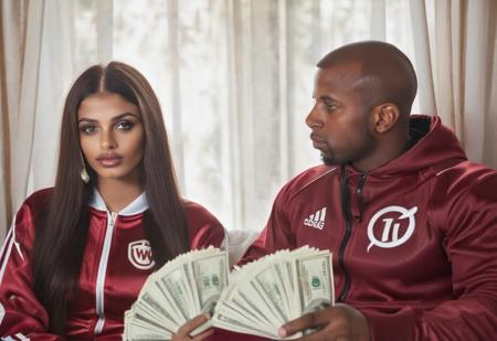 <lora:cshsgim:0.6>, 1girl, 1boy, dark skin, money, lips, looking at viewer, curtains, 
, sadness, perfect face,  skinny,  19 year old,  petite,  Maroon twin drills,  Opulent lips, wearing  luxury tracksuit, fair skinned sindhi, white skin, skin texture,  Blood Red eyes,  best quality , RAW photo, subject, 8k uhd,  high quality, photo realistic, instagram, Playmate, 
    <lora:add-detail-xl:0.5>