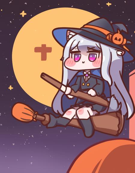 1girl, witch hat, animal ears, hat, tail, broom riding, broom, solo, cat ears, cat tail, long hair, ears through headwear, moon, witch, boots, purple eyes, animal ear fluff, cape, long sleeves, looking at viewer, cat girl, skirt, frills, white shirt, black headwear, sitting, lantern, black skirt, blush, shirt, black footwear, halloween, sidesaddle, grey hair, puffy long sleeves
<lora:opinew6-10:1>