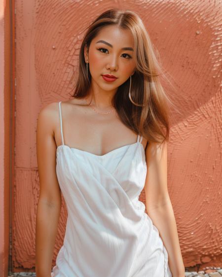 photo of a woman in a white dress is holding her hair up and posing for a picture with a ((red wall background)), red lip, high detailed skin, skin pores, 8k uhd, dslr, soft lighting, high quality, film grain, Fujifilm XT3, dynamic pose