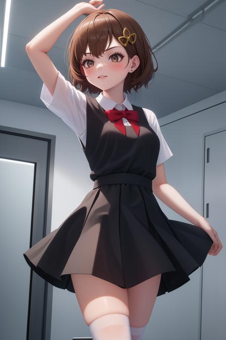 masterpiece, best quality, 1girl, solo, <lora:lass-pokemonhgss-richy-v1:1> lass, hair ornament, bow, pinafore dress, miniskirt, white shirt, short sleeves, socks, mary janes, standing, arm up, leg up,