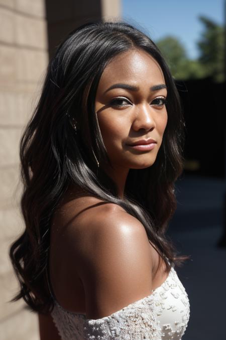 (RAW, analogue, Nikon Z 14mm ultra-wide angle lens, award-winning glamour photograph, ((best quality)), ((masterpiece)), ((realistic)), skin pores, subsurface scattering, radiant light rays, high-res, detailed facial features, high detail, sharp focus, smooth, aesthetic, extremely detailed, (extremely detailed eyes, extremely detailed iris), extremely detailed hair, extremely detailed skin, extremely detailed clothes, octane render, photorealistic, realistic, post-processing, max detail, realistic shadows, roughness, natural skin texture, real life, ultra-realistic, photorealism, photography, 8k UHD, photography, hdr, intricate, elegant, highly detailed, sharp focus, stunning, beautiful, gorgeous), (photorealistic), (realistic), t4ty4n441i, close-up, long hair, looking at viewer, dress, jewelry, earrings, dark skin, upper body, white dress, reference inset, midday, old west town, <lora:Tatyana_Ali_PMv1a_Lora:1.3>,