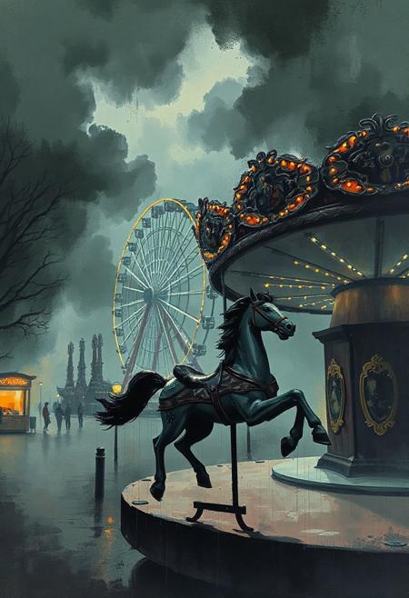 A dinkfsn style ink wash painting 
A scene of Liminal outdoor scene of deserted amusement park at night, no humans, Galloping Horse Carrousel rideon front ,Ferris wheel amd other rides can be seen in background, soft luminous realism, dramatic atmosphere, glowing rich textures, rich oil-paint detailing, contrast between light and shadow, misty and romantic environment, gentle emotional expression, stormy epic cloudy skies.
Rich colors, color palette of green, gray, mahogany and violet. Highlights of orange light in the windows and streetlights.