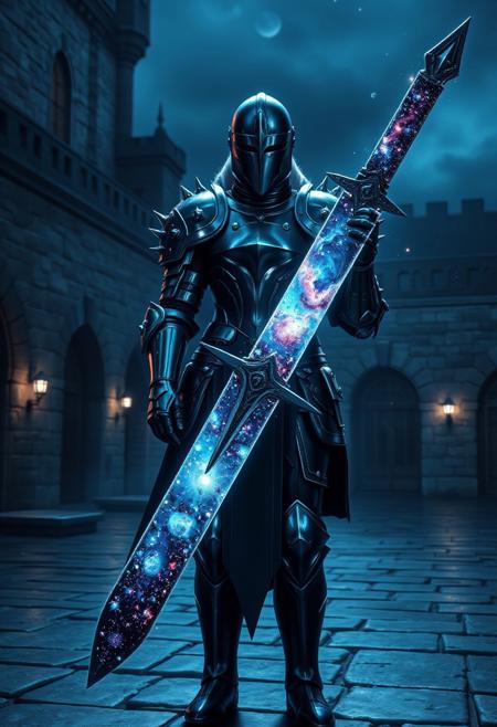 aidmaimageupgrader, ((they glow at night)), a high quality digital image of a woman knight wearing full heavy plate armour included helmet and face shield, the armour is as dark as eternity and seems to absorb light itself, the armour is stylised with sleek curves and a variety pf spikes on the shoulder pads and gauntlets, she is holding a greatsword, the greatsword is black as night and the blade is made of an intricately detailed galaxy, within the galaxy we see a variety of stars, nebulae and galactic dust detailed in bright and vivid colours, she is standing in a castle courtyard at midnight, they glow at night,