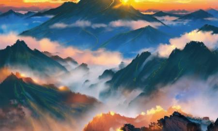 <lora:hot-fog-mountain_v0-2:1>rog_mountain, scenery. waterful, cloud sky, sunset