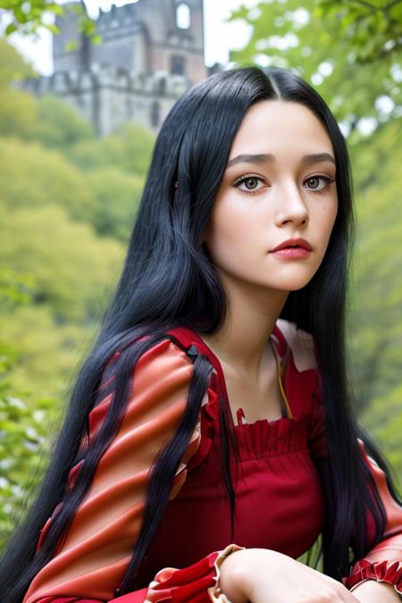 a stunningly beautiful woman, raven black hair, in a dark red queen dress with long sleeves, in a forest paradise, castle ruins in the background, stunning eyes looking into your soul, (close up, head shot), [smiling:0.5] candid, amateur, (raw, 8k, uhd, fujifilm xt3), sharp focus, [natural skin, highly detailed face], <lora:oliviaHussey:1>