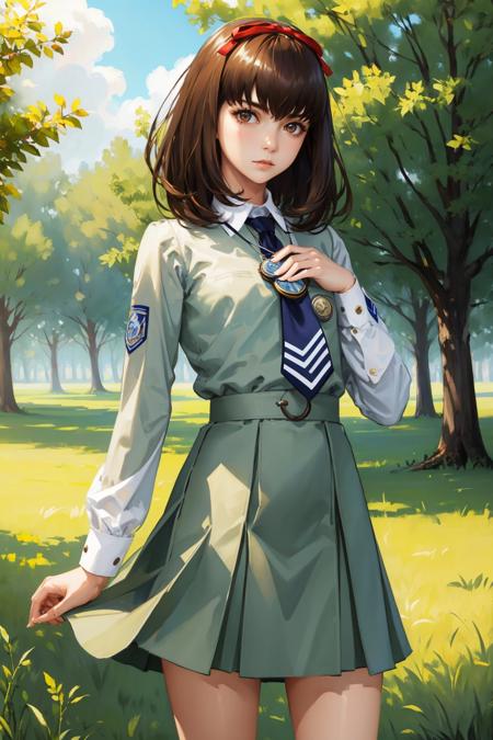 masterpiece, best quality, sonomura maki, hair ribbon, pendant, necktie, school uniform, skirt, cowboy shot, looking at viewer, neutral expression, park, trees, grass, field, hands to heart <lora:maki-nvwls-v1-000010:0.9>