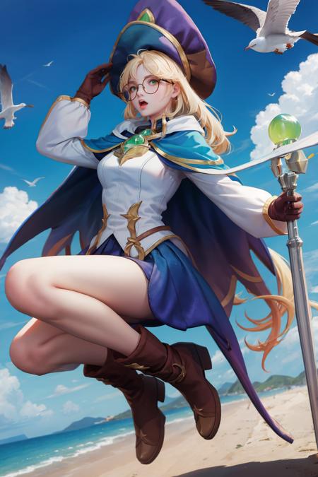 <lora:annette-08:1>,cloak, ((big breasts)), 1girl, solo, long hair, looking at viewer, open mouth, skirt, blonde hair, gloves, long sleeves, hat, very long hair, green eyes, full body, outdoors, sky, glasses, shorts, day, cloud, cape, blue sky, capelet, witch hat, bird, brown footwear, staff, brown gloves, broom, flying, hand on headwear, witch, broom riding, seagull, (masterpiece,best quality:1.5)